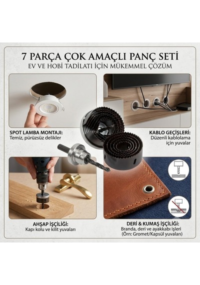 7 Parça Panç Seti, Ahşap, Alçıpan, Plastik İçin, 26-32-38-45-50-56-63 Mm Çap, Hassas Delme