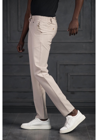 Perpant Slimfit Beli Lastikli Ve İplikli Likralı Gofre Kumaş Jogger Pantolon Krem
