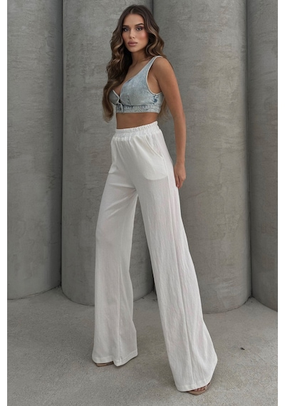 Lesa Wear Yumuşacık Yüksel Bel Geniş Paça Likralı Jarse Pantolon Flared Beyaz