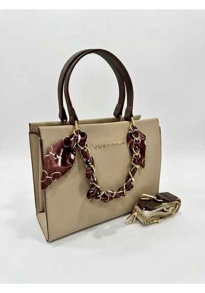 Just Polo Kadın Gold Zincirli Şal Detaylı Şık El & Omuz Çantası Ve Cüzdanı Kombin Shopper Ebat: 20 X 25 Cm Kum - Kahverengi