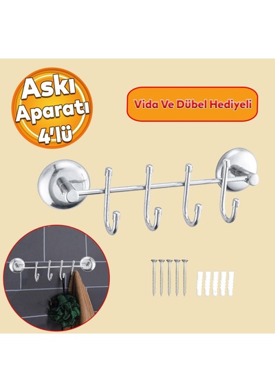 Lexroo Feyzayapı Metal 4'lü Banyo Lavabo Vidalı Askılık Sağlam Aparat Krom Askılık Elbise Havlu Çok Renkli