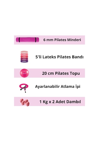Pilates Egzersiz Seti 6 Mm Mat 5 Li Lateks Direnç Bandı 20 Cm Top Atlama İpi 1 Kg X2 Dambıl Pembe