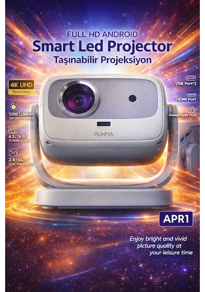 Projeksiyon Cihazı Taşınılabilir Wifi 2.4+5g-6.0 4k Uhd 150 İnç Dahili Hoparlör 180 Derece Smart Led
