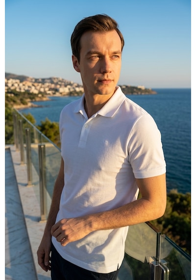 Süvari Slim Fit Düz Baskısız Pike Düğmeli Polo Yaka Nefes Alabilen T-shirt Beyaz