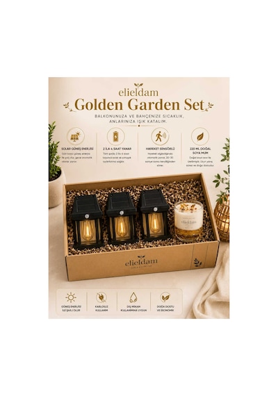 Bahçe Ve Balkon İçin Solar Güneş Enerjili Fener Seti Ve Doğal Soya Wax Mum, Golden Bahçe Balkon Seti