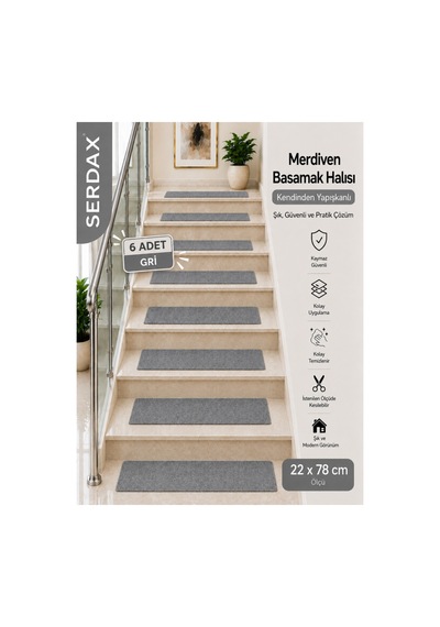 Kendinden Yapışkanlı Basamak Halısı Halıflex Kaymaz Gri 22 Cm X 78 Cm Gri Gri