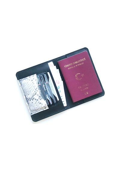 Vip Gift Voyager Hakiki Deri Pasaport Kılıfı Croco Siyah Siyah Beyaz Gri