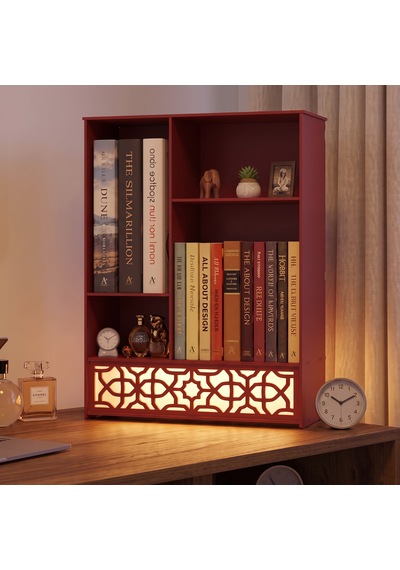 Işıklı Metal Masa Düzenleyici Masaüstü Kitaplık Minimalist Kitap Tutucu Kırmıızı