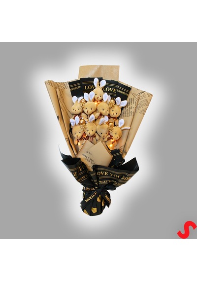 9 Kahve Pelüş Tavşanlı Led Işıklı Buket, 65cm x 45cm