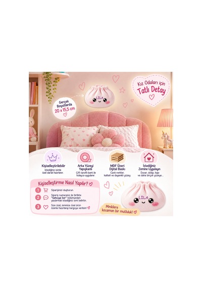 Dumpling Squishy Çin Mantısı Temalı Kişiye Özel Mdf Çocuk Odası Süsü Pembe