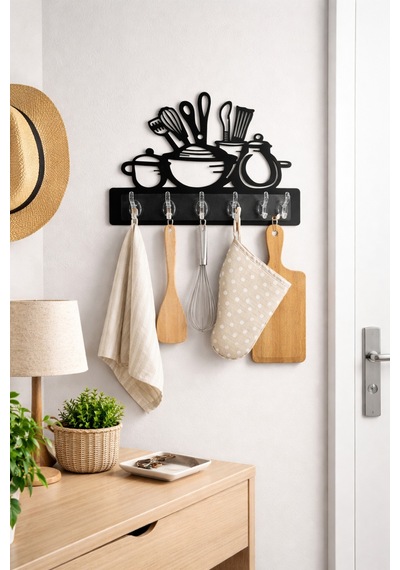 Mutfak Temalı Duvar Askılığı 6 Kancalı Mdf Duvar Askısı 39 X 29 Cm Siyah Siyah