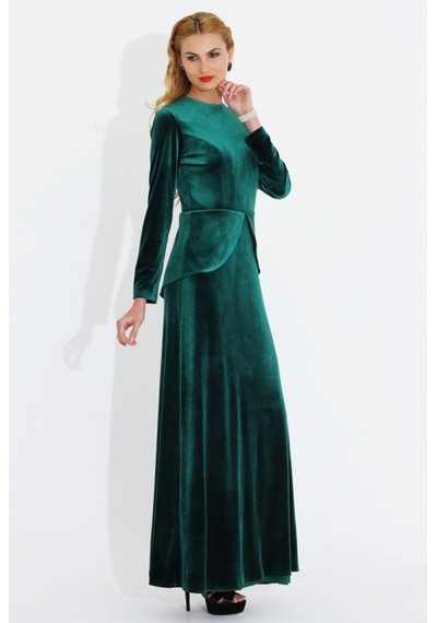 Nidya Moda Büyük Beden Kadife Peplumlu Elbise-4044Y Yeşil