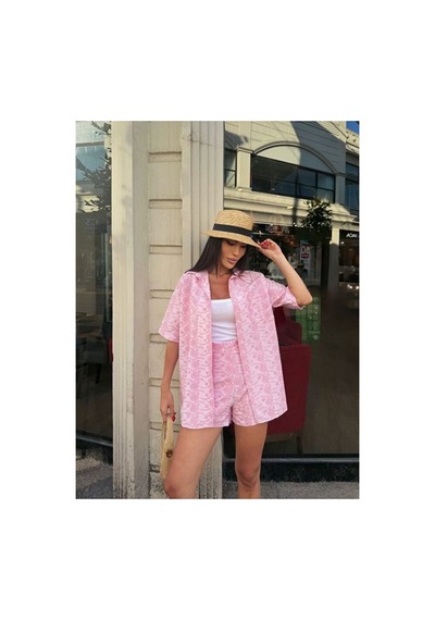 Nido Moda Kadın Oversize Fisto Gömlek Ve Beli Lastikli Şort İkili Takım Pembe
