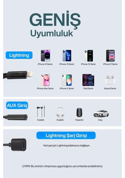 2in1 Lightning Aux Dönüştürücü Şarj + Müzik Tüm Apple Uyumlu iOs Modelleriyle