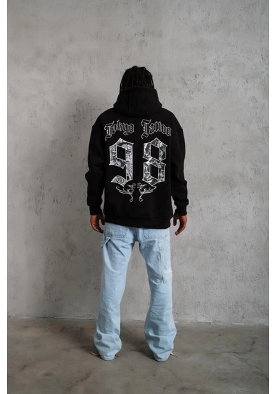 Barlashive Erkek 98 Baskılı Kapüşonlu 3 İplik Pamuklu Hoodie Sweatshirt - Siyah Çok Renkli