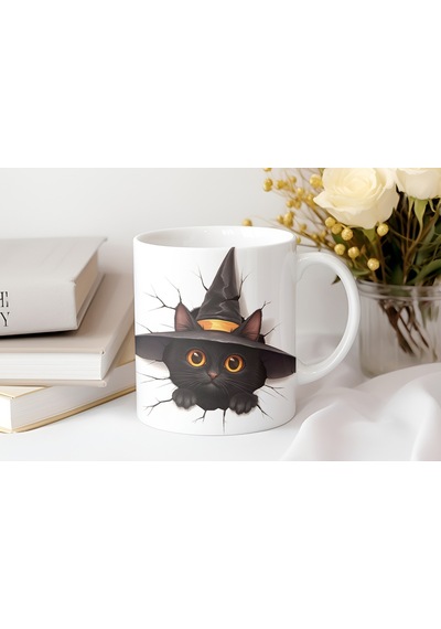 Halloween Kedi Figürlü Kupa Bardak 3 Boyutlu Tasarım Kabartmasız Beyaz
