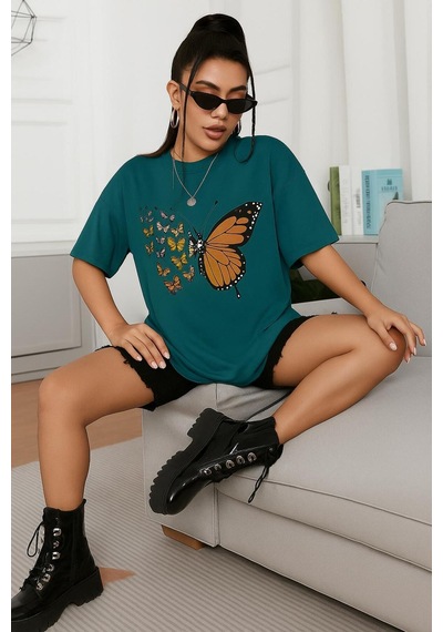 Kelebek Baskılı Oversize Unisex Tişört Yeşil