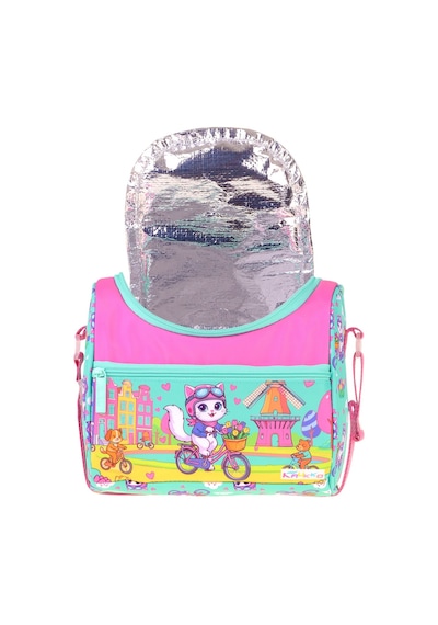 Kaukko Kids Kız Çocuk Bisikletli Kedi Baskılı Isı Yalıtımlı Okul Beslenme Çantası Yeşil - Pembe - L5329