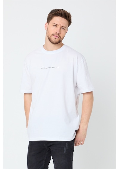Comeor Erkek Beyaz Baskılı Basic Oversize Bisiklet Yaka Kısa Koll Beyaz
