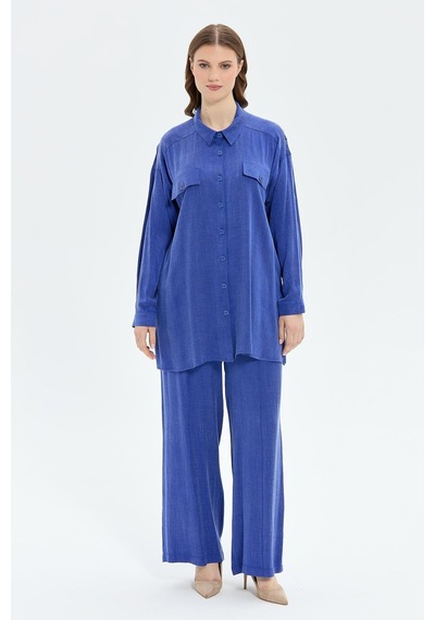Müsemma Kadın Oversize Gömlek Yaka Midi Takım - Günlük Şıklık Saks