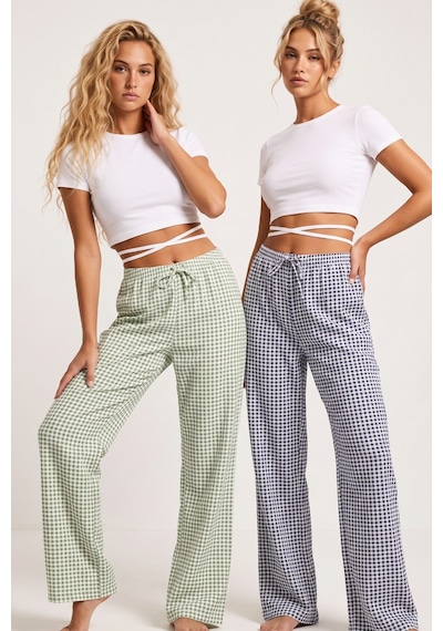 Siyah İnci 2'li Fiyonk Desenli Yumuşak Tuşe Kışlık Örme Tek Alt Pijama Altı 8074 Yeşil Koyu Lacivert Ekose