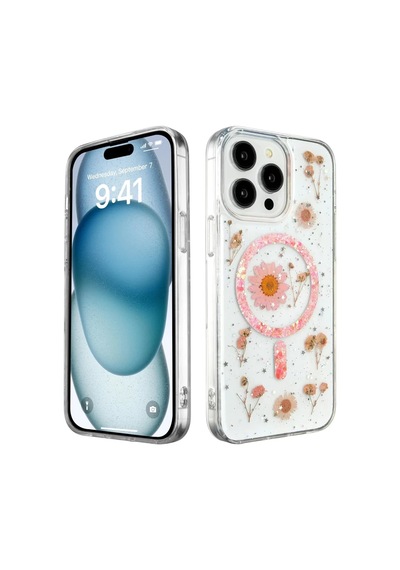 Newface Apple İphone 15 Pro Kılıf Daisy Simli Magsafe Kapak - Pembe