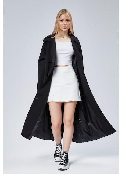 Siyah Oversize Astarlı Uzun Trençkot Siyah