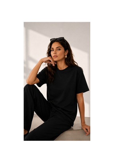 Qu Style Premium Basic Oversize Kadın Tişört Yumuşak Dokulu Günlük Rahat Kalıp T-shirt Siyah