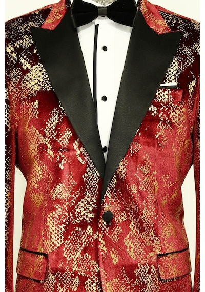 Wessi Dik Yaka Slim Fit Altın Desenli Bordo Balo Ceket - Wessi Bordo