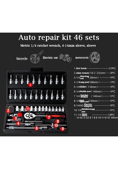 46 Parça Lokma Takımı Otomatik Cırcırlı 1/4" Wrench Set Anahtar t