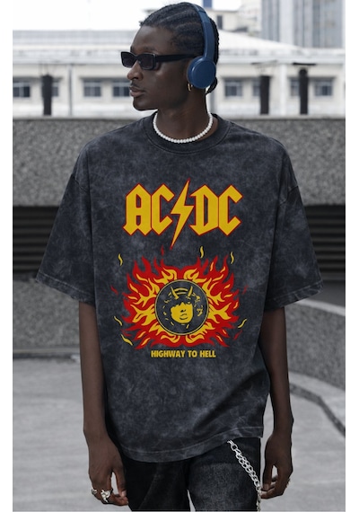 Ac Dc Highway To Hell Rock Metal Müzik Grubu Baskılı Unisex Overs Siyah