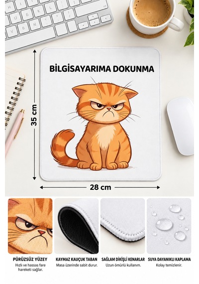 Bilgisayarıma Dokunma Turuncu Kedi Tasarımlı Mousepad 28x35 Cm Kaymaz Tabanlı Dikişli Kenar Ofis Ve Masaüstü
