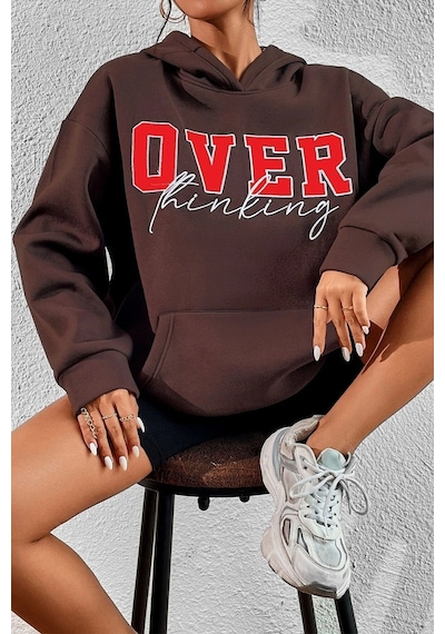 Uyguntarz Unisex Over Thinking Baskılı Sweatshirt Kahverengi