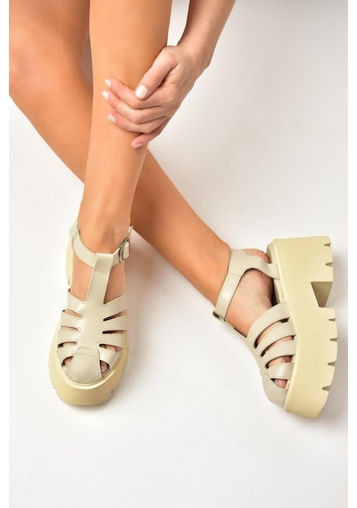 Fox Shoes Y272983109 Bej Kalın Tabanlı Kadın Sandalet Ayakkabı