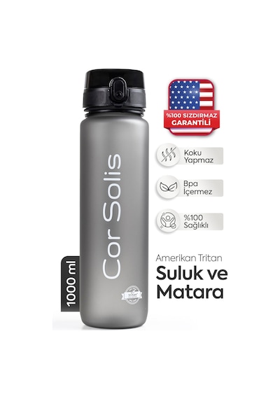 Cor Solis Tritan Sızdırmaz BPA’sız 1 Litre Suluk – Siyah-Antrasit Gri