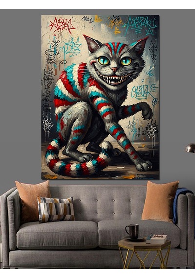 Ahşap Tablo Çizgili Renkli Kedi Pop Art Dekoratif Tablolar