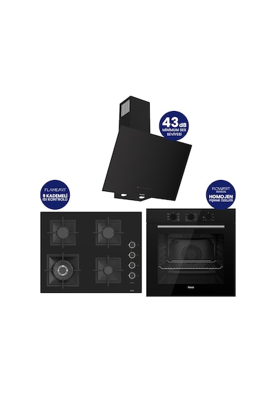 Flowart Turbolu Silenart QBL62CS - SC405 - D077SA Siyah 65 Cm Woklu Ocak Cam Ankastre Set