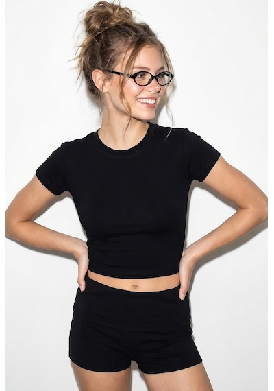 Shade Kadın Kısa Kollu Bisiklet Yaka Crop T-shirt 60286904 - Siyah