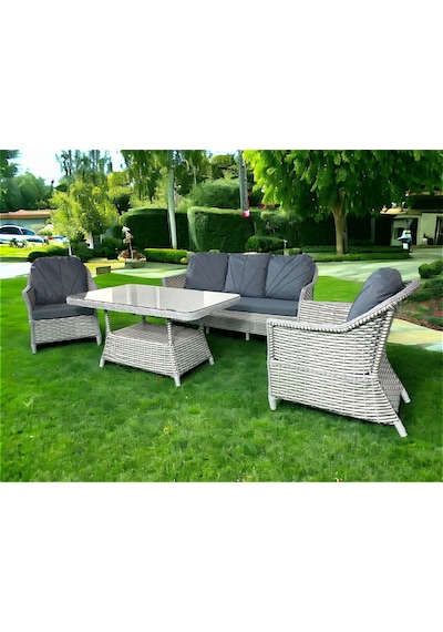 Monalin Home Garden Napoli Rattan El Örgüsü Bahçe & Balkon & Teras Oturma Grubu Minderli & Masalı & Camlı Oturma Grubu Koyu Gri