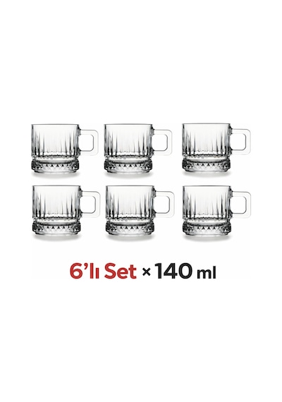 6 Lı Cam Kahve Fincanı,espresso Fincanı Seti 140 Ml Kulplu Cam Kupa Bardak Şeffaf Desenli Glass Mug Şeffaf