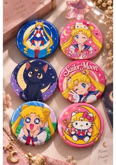 Sailor Moon 58mm 6'lı Rozet Seti Anime Usagi Luna Çanta Mont Ceket Rozeti Çok Renkli