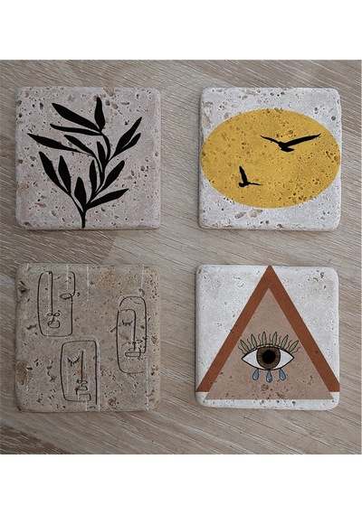 Line Art Surat Kuşlar Ve Tasarımlar Doğal Taş Bardak Altlığı 4'lü Set - Natural Stone Coasters - Taş Çok Renkli