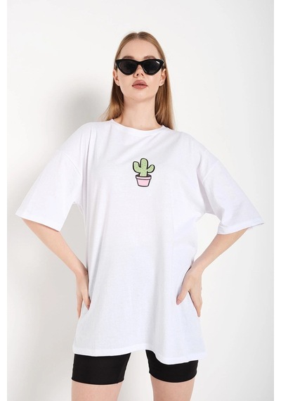 Startmore Kadın Beyaz Cactus Logo Baskılı Oversize T-shirt Beyaz