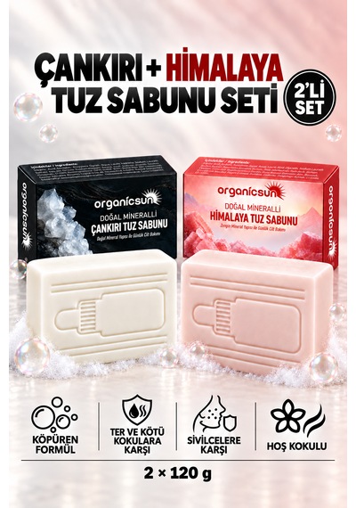 Organicsun Çankırı Tuz Sabunu + Himalaya Tuz Sabunu 2'li Set - Köpüren Formül