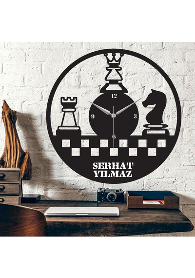Satranç Temalı Ahşap Duvar Saati Ahşap - Siyah Satranç Temalı Ahşap Duvar Saati Ahşap - Siyah