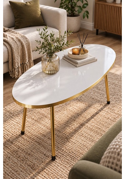 Sulorahome Gold Metal Oval Orta Sehpa Beyaz Altın - Beyaz