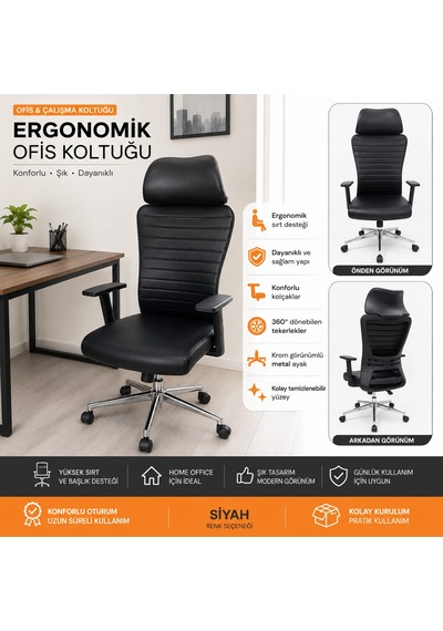 Siyah Ergonomik Ofis Çalışma Koltuğu Sırt Destekli, Hareketli Kolçaklı 2 Yıl Garantili Siyah Ergonomik Ofis Çalışma Koltuğu Sırt Destekli, Hareketli Kolçaklı 2 Yıl Garantili