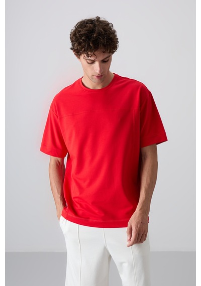 Tommy Life Fiesta Pamuklu Kalın Yumuşak Dokulu Oversize Fit Basic Erkek T-shirt - 88349 Kirmizi