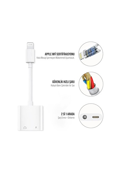 Lightning To 3.5mm Jack & Lightning Dönüştürücü Çift Çıkış Adaptörü Yüksek Ses Kalitesi Ve Hızlı Şarj Kulaklık Desteği Şık Ve Dayanıklı Tasarım