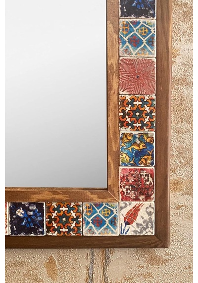 Oscar Stone Decor Ahşap Çerçeveli Mozaik Taş Mermer Ayna 63x93 Cm Seramik Eskitme Çini Desenli Diğer